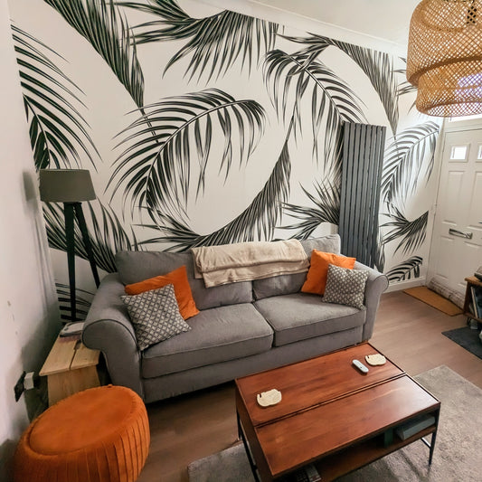 Burma Large Scale Monochrome Palm Leaf Wallpaper in Scandi Living Area