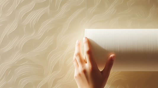 Hold holding a wallpaper roll with old cream wallpaper in the background