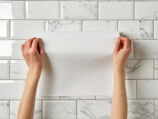 Hands holding white wallpaper role ready to be installed on white subway ties in bathroom