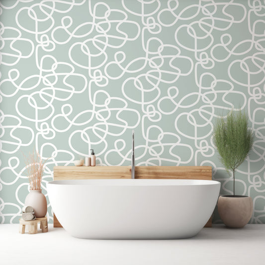 Abstract Curls Mint In Bathroom With White Bathtub And Green Beige Plants