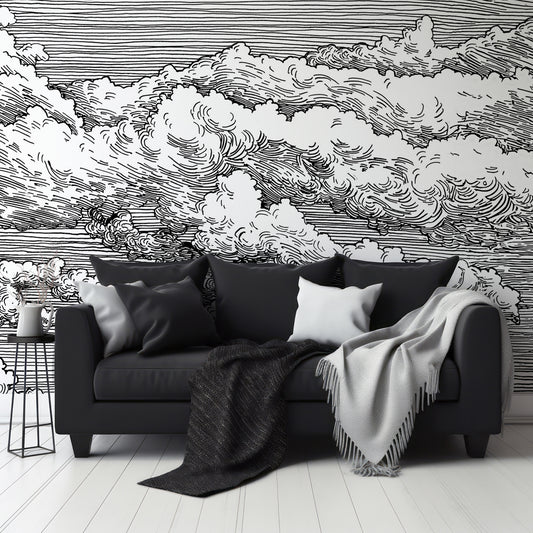 Abut Wallpaper In Living Room With Dark Black Slofa And Grey And Black Blankets With Small Black Coffee Table