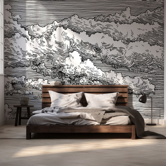 Abut Wallpaper In Room With Dark WOoden Queen Size Bed & Grey Bedding