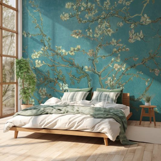 Almond Blossom Wallpaper In Bedroom With Green Bedding On WHite Wooden Bed With Very Tall Windows With Light Shining Through