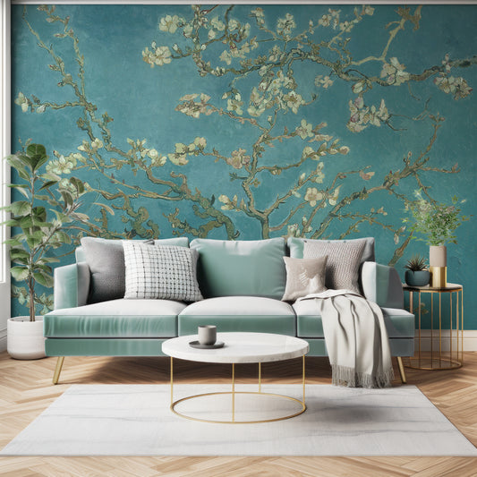 Almond Blossoms Wallpaper In Living Room With Dark Blue Sofa With Green Plants And Golden Accents