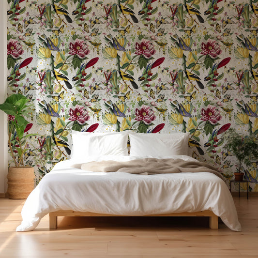 Arcano Viridarium Wallpaper Blank Bedroom With White Duvet Covers & Pillows With Green Plant