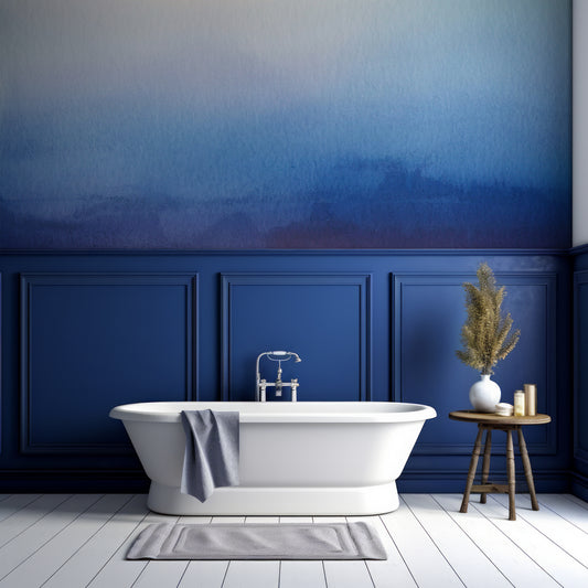 Aritchee Wallpaper In Bathroom With Half Navy Panelled Wall and White Wall As Well As Bathtub
