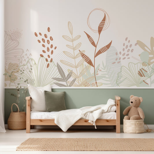 Ava Neutral Wallpaper In Child's Bedroom With Small Wooden Bed And White And Green Bedding With Half Wallpapered Wall And Half Painted Green Wall