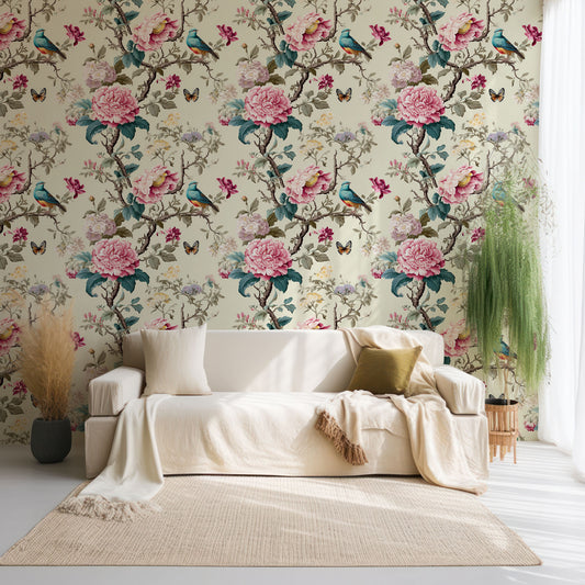 Avianesque Wallpaper In Living Room With Cream Sofa And Soft PLants With Large Cotton Rug With Light Coming Through Window