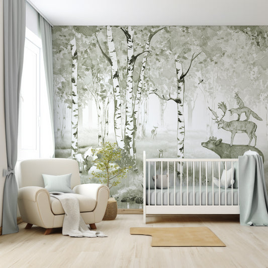 Bear King Wallpaper In Nursey With White Cot And Large Cream Chair With Blue Cushions And Blue Bedding