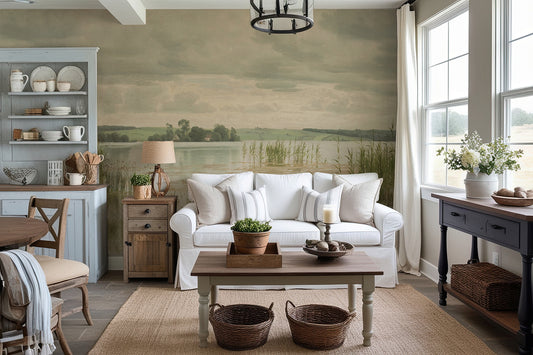 Beverley Wallpaper in a Living room with white sofa, wooden coffee table, and decorative items.