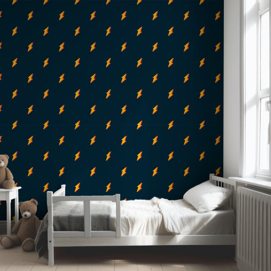 Bolt Wallpaper In Child's Bedroom With Grey Bed And Two Brown Teddy Bears