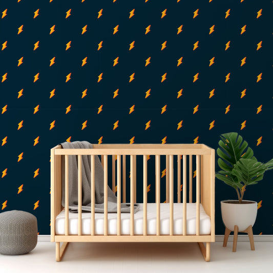 Bolt Wallpaper In Nursery With Wooden Crib And Green Plant And Grey Blankets