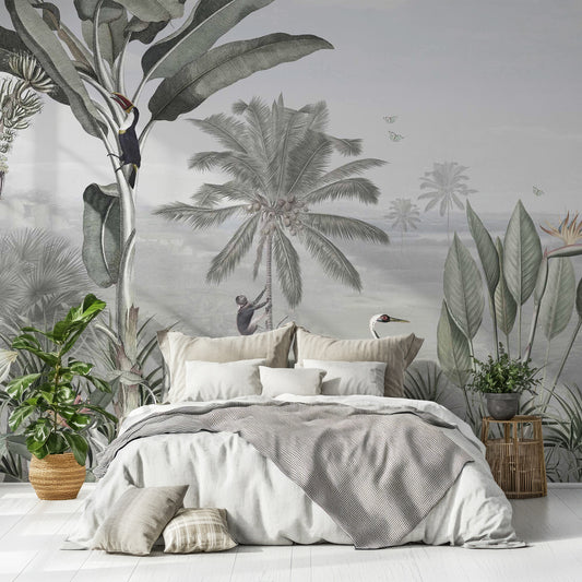 Botanical Beauty Wallpaper In Bedroom With Grey And White Bedding With Two Green Plants Either Side of The Bed In Wooden Plant Pots