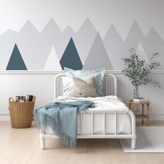 Bowdly Wallpaper In Room With White Wood Panelling And Small Single Bed With Blue Cushions