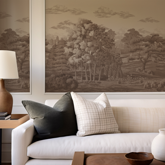 Living room with a beige sofa, decorative pillows, a lamp, and wall art.