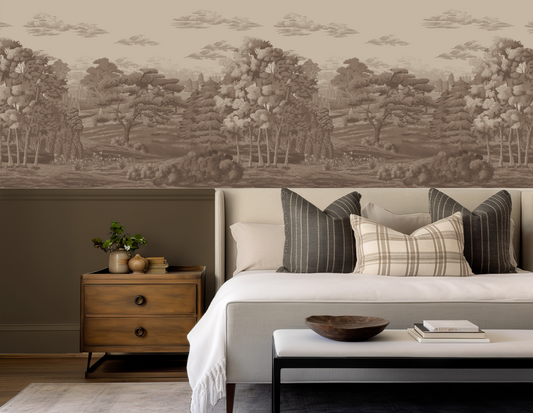 Bedroom with a bed, nightstand, and wall with landscape design