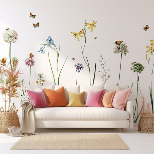 Butterfly Garden In Living Room With White Cream Sofa & Multi-Colored Pink Cushions