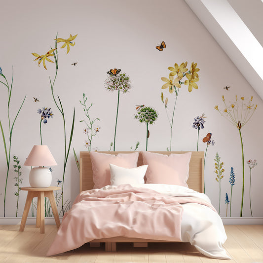 Butterfly Garden Wallpaper In Girl's Bedroom With Peach Pink Bed