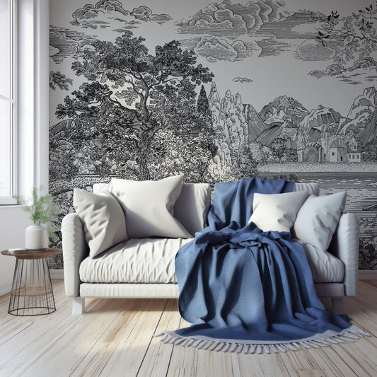 Castle Glade Mono Wallpaper In Living Room With Wooden Floor, Windows, Plants And Large Blue Sofa