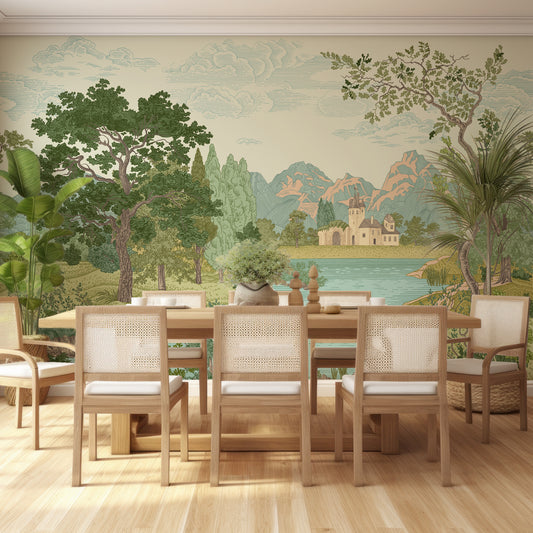 Castle Glade Wallpaper In Dining Room With Wooden Table And Chairs