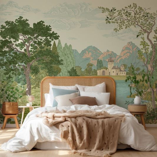 Castle Glade Wallpaper In Wooden Bed With White Bedding With Beige Blankets And Green Plants Either Side