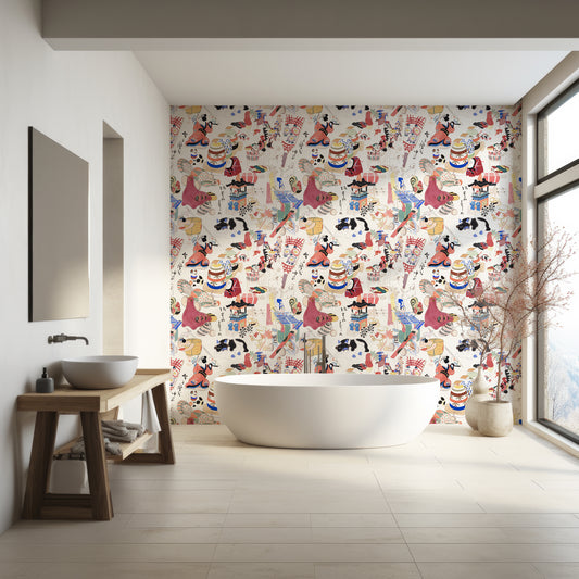 Chihiro Remix Wallpaper In Bathroom With White Bathtub And Wooden Floor With Mirror And Sink