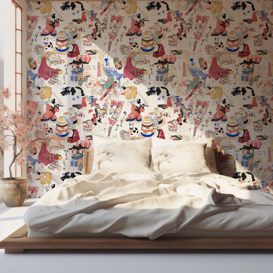 Chihiro Remix Wallpaper In Bedroom With Large Wooden Bed & Japanese Pink Plant