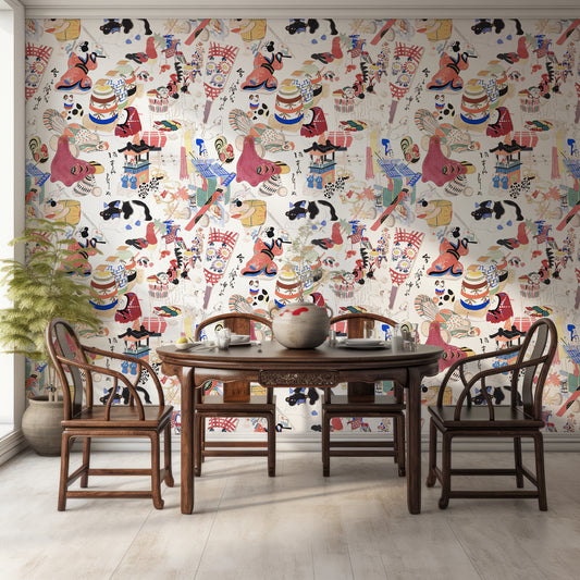 Chihiro Remix Wallpaper In Dining Room With Dark Wooden Table & Chairs As Well As Plant