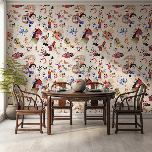 Chihiro Wallpaper In Dining Room With Dark Wooden Table & Chairs As Well As Plant