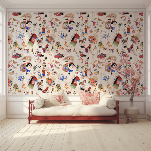 Chihiro Wallpaper In Room With Chinese Red Wooden Seat With Cream Cushions As Well As Large Red Plant