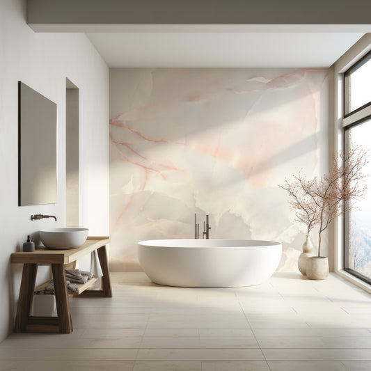 Chinte Wallpaper In Bathroom With White Bathtub And Wooden Floor With Mirror And Sink
