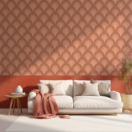Circular Cascade Brown Wallpaper In Living Room With White Sofa & Half Red Wall