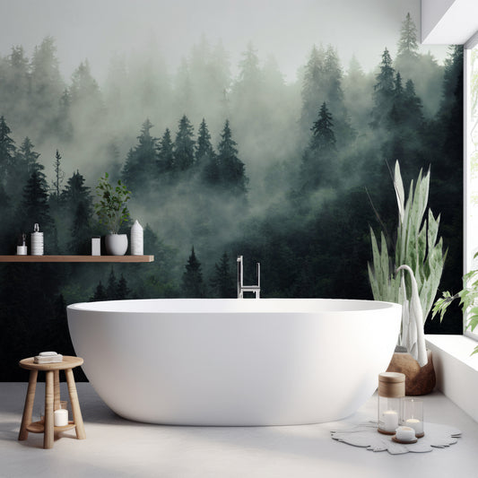 Colarded Wallpaper In Bathroom With White Bathtub And Green Plants With Wooden Stool & Candle