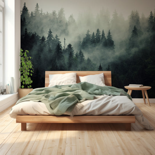 Colarded Wallpaper In Bedroom With Great Lighting With Green Queen Size Beds And Wooden Floor