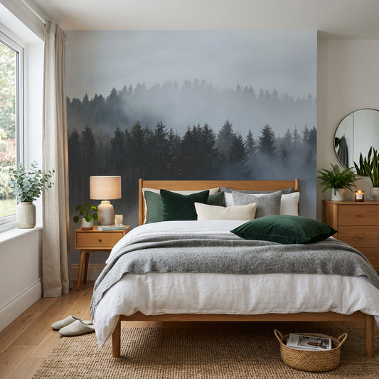 Compley in cosy bedroom with green pillows and plants
