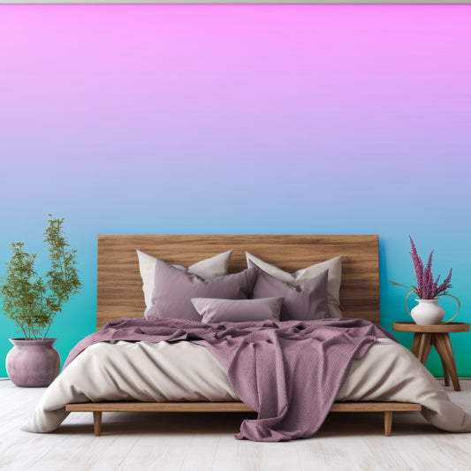 Compto Wallpaper In Bedroom With Purple Queen Size Bedding On A Dark Wooden Bed With Green Plants