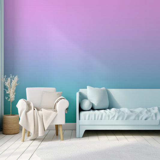 Compto Wallpaper In Children's Nursery With Large Baby Blue Chair & Large Cream Chair With White Plant In Wooden Plant Pot