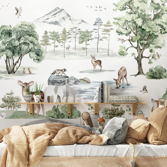Deer Forest Kids Beige Bed with Plants and Toys
