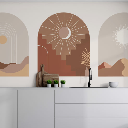 Desert Visions Wallpaper In Kitchen With White Worktops and Wooden Chopping Boards