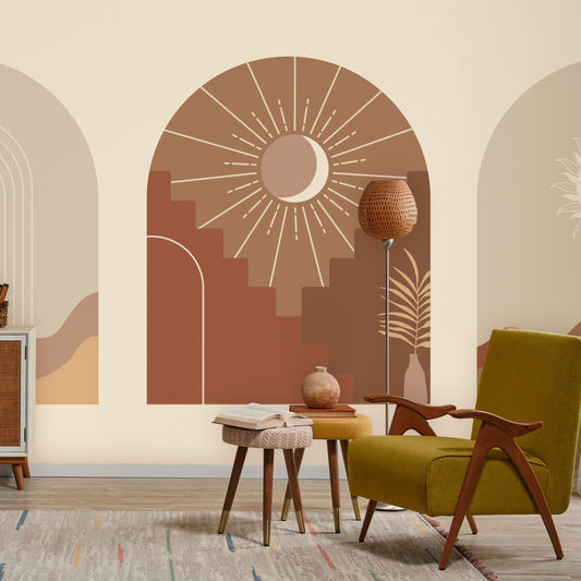 Desert Visions Wallpaper In Lounge With Yellow Seat and Stools
