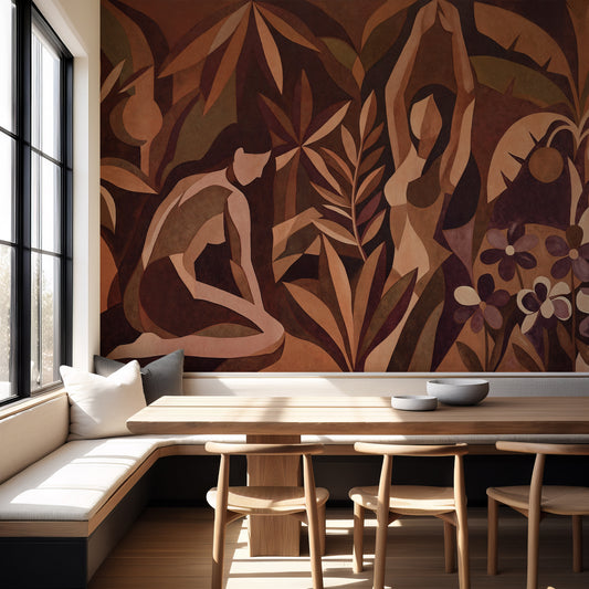 Dining room with wooden table and chairs, and a decorative wall mural featuring abstract human figures and foliage.