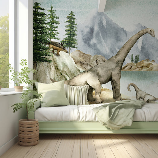 Dino Wallpaper In Kid's Bedroom With Green Single Bed With Stripy Cushions And Light Coming Into Room