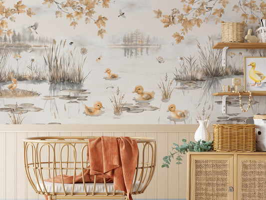 Puddles Autumn Wallpaper in a Baby Room with a Cot