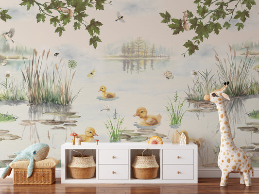 Puddles Summer - Ducklings Watercolour Wallpaper Mural