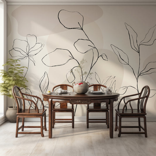Dusty Botany Wallpaper In Dining Room With Dark Wooden Table & Chairs As Well As Plant