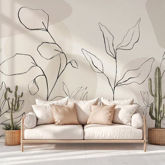 Dusty Botany Wallpaper In Living Room With Wooden Sofa With Cream & Beige Cushions With Cactus Plants In Woven PLant Pots Either Side