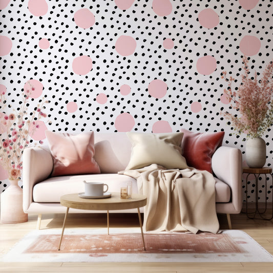 Ella Wallpaper In Living Room With Beige Sofa With Red And Golden Cushions And Pink Plants