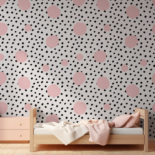 Ella Wallpaper In Small Room With Pink Single Bed With Wooden Frame And Wooden Cabinet