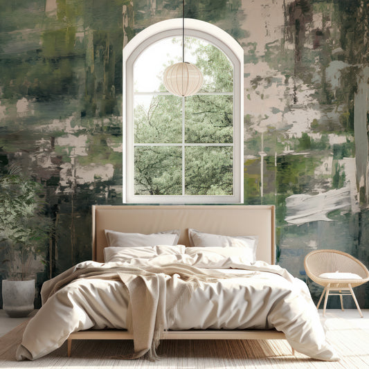 Emerald Forest Oasis Wallpaper In Beige Bedroom With Beige Bed With 4 Pillows And Arch Open Window With Green Trees In The Background