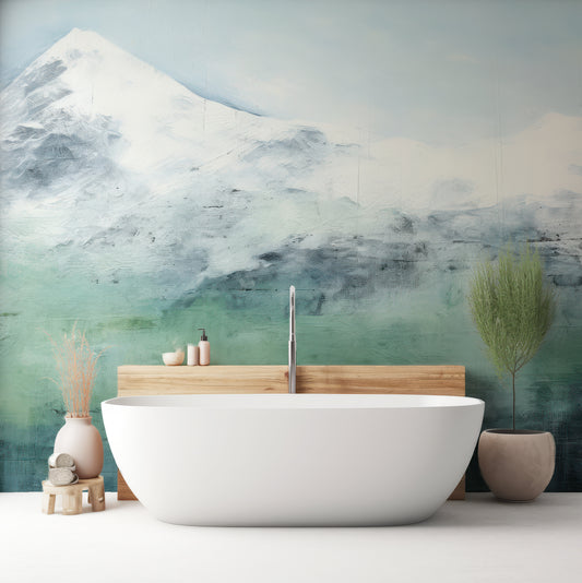 Emerald Peak Wallpaper In Bathroom With White Bathtub And Green & Beige Plants With Wooden Backing